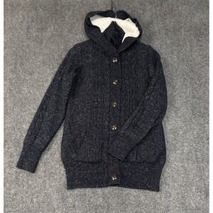 Unbranded Cable Knit Sherpa Lined Cardigan Women Size M Navy Blue Marled Hooded